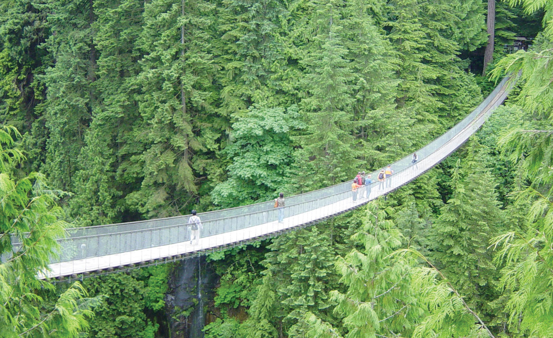 People standing on a very long, narrow, and high bridge