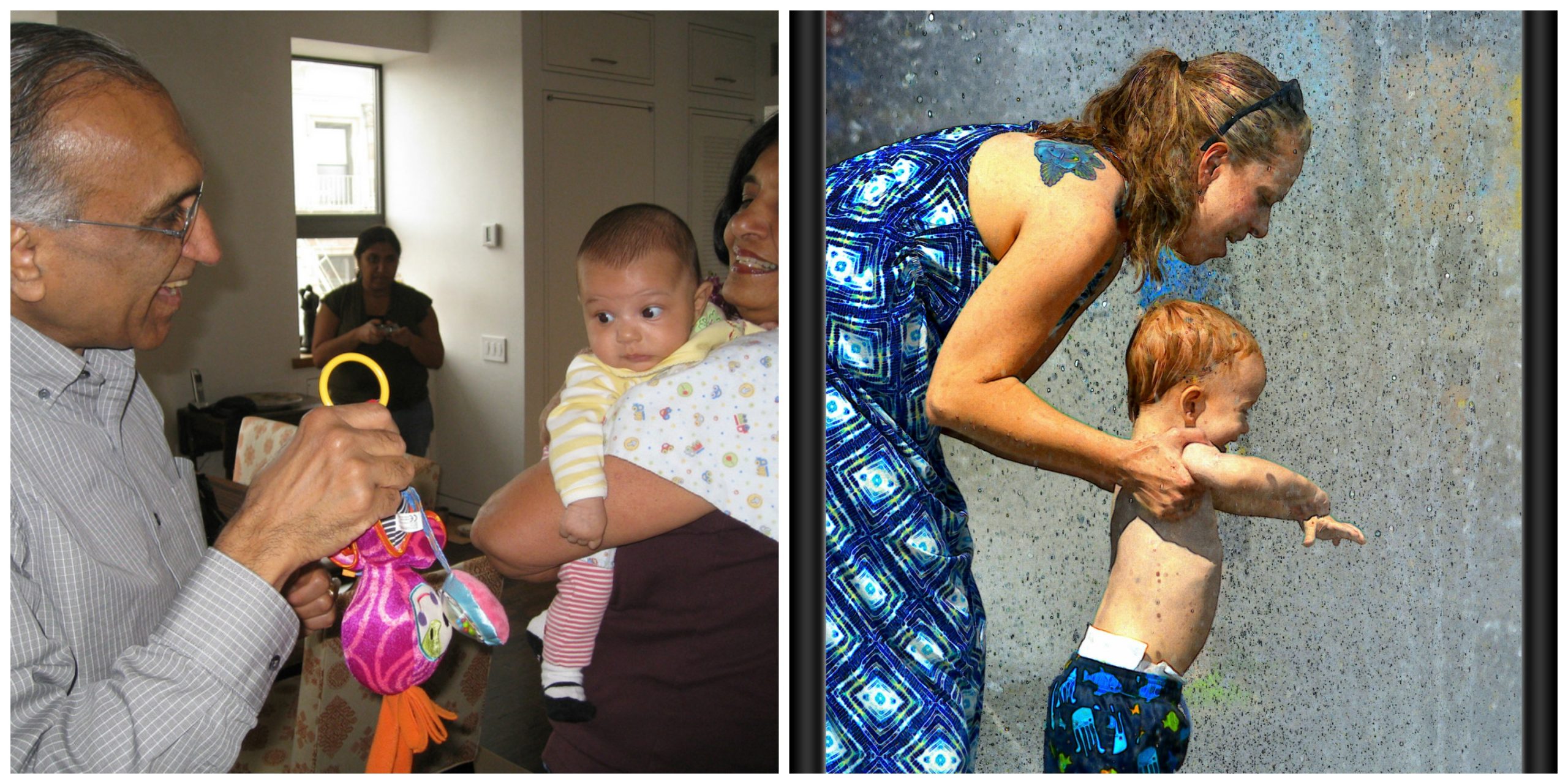 Collage: A grandpa entertaining his baby granddaughter, and a mother helping her toddler son play in the water