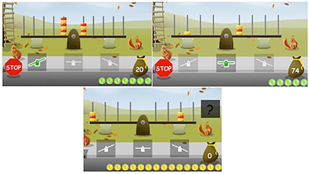 Three example items of the balance-scale task. (Upper left) distance the same, weight in conflict, shows a balance scale with 6 alternating red and yellow weights on the left and 4 alternating red and yellow weights on the right. (Upper-Right), weight and distance conflict. The image shows a balance scale with one yellow weight on the left and three alternating yellow and red weights on the right. (lower item) weight is the same, but distance is different. The image shows a balance scale with three alternating yellow and red weights on the left and three and three alternating yellow weights on the right.