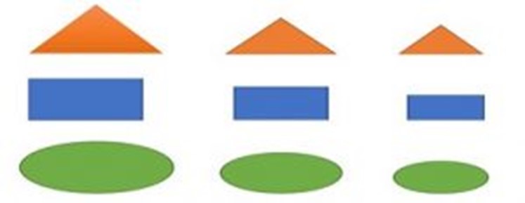 Top row contains a larger triangle, a medium triangle and small triangle. The second row shows a large rectangle, a medium triangle and a small triangle. The third row shows a large oval, a medium oval, and small oval.
