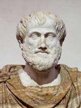 Marble bust Aristotle, set against a plain gray background.