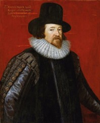 Portrait of Francis Bacon wearing a black hat, white ruff collar, and ornate dark clothing with detailed sleeves, set against a red background. Text in the upper left corner reads: "Petrus Scriverius Aetatis Suae 42 Anno Domini 1619."