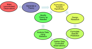 A flowchart outlining the steps of the scientific method: Make (uncontrolled) Observations, Generate a Theory, Formulate a Testable Hypothesis, Design Research, Formulate Specific Prediction, Gather Data (controlled observations), Analyze Data using Statistics, and Modify Theory as Needed.