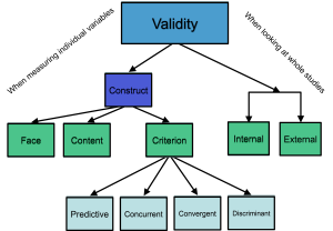 A flowchart illustrating types of validity. The top-level box labeled "Validity" branches into two categories: "When measuring individual variables" and "When looking at whole studies." The first category includes "Face," "Content," and "Construct" validity. "Construct" further branches into "Criterion," which splits into "Predictive," "Concurrent," "Convergent," and "Discriminant." The second category includes "Internal" and "External" validity.
