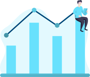A bar graph with five vertical bars of different heights, overlaid with a line graph connecting the tops of the bars. A person is seated on the tallest bar, holding a paper or tablet. The background features an abstract light blue shape.