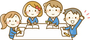 Cartoon illustration of four children in blue uniforms sitting around a table with open books and writing utensils. One child on the right is raising a hand, and all appear to be engaged in a classroom activity.