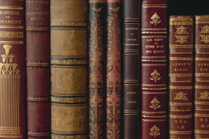 Row of old, ornate books with decorative spines. Visible titles include "GRAMMAR OF ORNAMENT," "DECORATION ARABE," "EXAMPLES CHINESE ORNAMENT," "PAUL RABAUT LIVRE D'OR DES ROSES," and "LEWIN'S BIRDS VOL I-II."