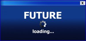 Blue screen with the word "FUTURE" in large white letters at the top, a circular loading icon made of small dots in the center, and the word "loading..." below it. An "X" button appears in the top right corner.