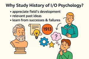 A colorful cartoon-style illustration showing a timeline of I/O psychology. On the left, historical figures and old-fashioned workplaces represent the origins of the field. In the center, modern-day psychologists analyze diverse teams, technology, and job satisfaction. On the right, futuristic elements hint at the evolving challenges of work. The image emphasizes how past ideas still influence today’s workplace psychology.