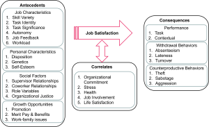 A diagram showing the relationships between job satisfaction and various factors. It is divided into three sections: Antecedents, Correlates, and Consequences. Antecedents include job characteristics (e.g., autonomy, workload), personal characteristics (e.g., self-esteem, genetics), social factors (e.g., supervisor relationships, organizational justice), and growth opportunities (e.g., promotion, work-family issues). Correlates include organizational commitment, stress, health, job involvement, and life satisfaction. Consequences include performance (task and contextual), withdrawal behaviors (absenteeism, lateness, turnover), and counterproductive behaviors (theft, sabotage, aggression). Arrows show directional relationships among these elements.