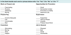 A job satisfaction survey form with several categories: Work on Present Job, Opportunities for Promotion, Present Pay, Supervision, Coworkers, and Job in General. Each category includes four descriptive statements with blank spaces beside them for responses marked as 1 (Yes), 2 (No), or 3 (?).