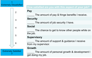 A survey asking employees to rate their satisfaction with various aspects of their job on a scale from 1 (Extremely Dissatisfied) to 7 (Extremely Satisfied). The aspects include Pay, Security, Social, Supervisory, and Growth, each with a brief description and a blank line for rating.