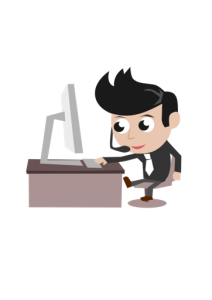 Cartoon character with black hair wearing a headset, sitting at a desk and interacting with a computer. The character is dressed in dark clothing and illustrated in a playful, animated style.