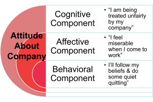 Diagram showing the three components of attitude about a company. The Cognitive Component is represented with the statement "I am being treated unfairly by my company." The Affective Component is represented with the statement "I feel miserable when I come to work." The Behavioral Component is represented with the statement "I'll follow my beliefs & do some quiet quitting."