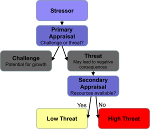 Flowchart illustrating the stress appraisal process. It begins with a stressor, followed by a primary appraisal asking whether it is a challenge or a threat. A challenge is seen as an opportunity for growth. If appraised as a threat, a secondary appraisal evaluates available resources—if resources are available, the threat is low; if not, the threat is high.