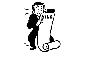 Cartoon illustration of a man in a suit holding a long scroll labeled "BILL," looking at it with a concerned expression.
