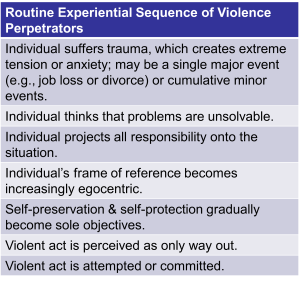 Diagram outlining the routine experiential sequence of violence perpetrators, showing a progression from trauma and anxiety to egocentric thinking and eventual violent action. The steps include suffering trauma, perceiving problems as unsolvable, projecting responsibility, narrowing perspective, prioritizing self-preservation, and viewing violence as the only solution.