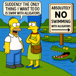 Cartoon-style image featuring Homer and Marge Simpson standing beside a body of water filled with visible alligators. Homer says, "SUDDENLY THE ONLY THING I WANT TO DO IS SWIM WITH ALLIGATORS." A nearby sign reads, "ABSOLUTEY NO SWIMMING WITH ALLIGATORS."