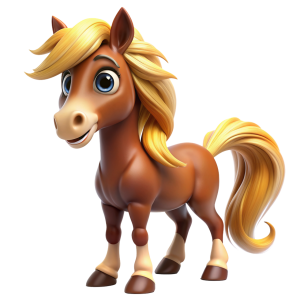 Cartoon-style horse with a light brown coat, large blue eyes, and a flowing blonde mane and tail, standing on all four legs with a slight smile and a friendly expression