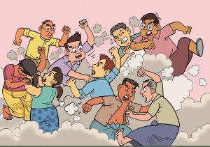 Cartoon-style image showing a chaotic fight among several characters surrounded by clouds of dust and smoke. The characters have exaggerated expressions and gestures, including raised fists, hair-pulling, and kicking, indicating intense physical altercation.