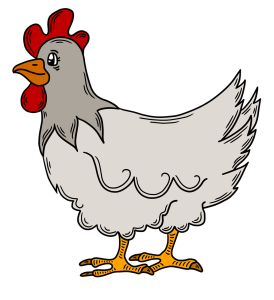 Cartoon-style chicken with a red comb and wattle, orange beak, grey feathers outlined in black, and yellow legs with orange feet, standing upright and facing left