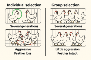 A split-screen illustration showing two groups of chickens. On the left, individually selected hens are aggressive—fighting, pecking, and missing feathers. On the right, group-selected hens are calm, feathered, and laying eggs cooperatively in a peaceful environment.