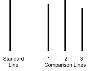 Diagram showing a standard line on the left and three comparison lines labeled 1, 2, and 3 on the right. The task is to identify which comparison line matches the length of the standard line, illustrating the setup used in Asch’s study on conformity.