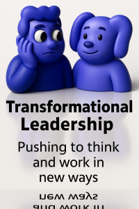 Two blue cartoon characters, one worried and one neutral, sit near a laptop, with text about encouraging new ways of thinking and working.
