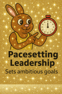 A rabbit in a yellow tank top points at a clock, set against a sparkly gold background, representing ambitious goal-setting.
