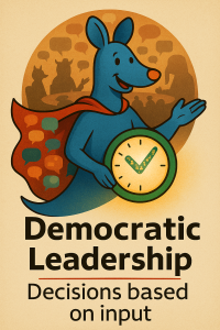 A kangaroo in a cape holds a clock with a checkmark, surrounded by animal silhouettes and speech bubbles, illustrating decision-making through input.