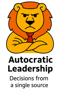 A stern-looking lion in a red tie crosses its arms, with text stating that decisions come from a single source.