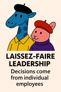 A blue giraffe and pink rabbit in berets stand side by side, with text describing leadership where decisions come from individual employees.