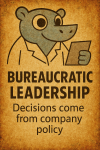 A hippo in a suit holds a document, with text indicating decisions are based on company policy.