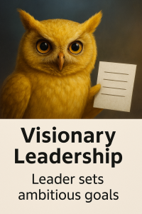 An owl holds a lined piece of paper, with text describing a leader who sets ambitious goals.
