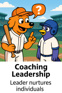 A dog in a baseball uniform explains something to a bird with a question mark above its head, on a baseball field, illustrating nurturing leadership.