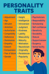 A colorful infographic listing various psychological and physical traits studied in relation to leadership, including personality dimensions like empathy, ambition, and extraversion, as well as attributes like intelligence, gender, and stature.