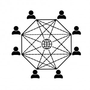 A diagram showing eight user icons arranged in a circle, connected by a network of solid and dashed lines to a central globe icon, representing global network connectivity.