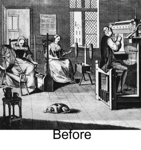 Interior of a cottage where three individuals are engaged in manual labor—spinning yarn, working with textiles, and operating machinery—representing a decentralized, pre-industrial work environment. A dog lies in the center, and a poster hangs on the wall. The image is labeled “Before.”
