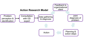 A flowchart illustrating the Action Research Model, starting with Problem perception & identification, followed by Consultation with OD expert, Data gathering & diagnosis, Feedback to organizational client, Joint diagnosis of problem, Planning & action steps, and Action.