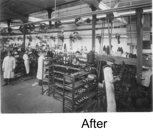 Black and white photograph of a factory workshop where multiple workers operate machinery connected by overhead pulleys. Workers wear aprons and hats, and shelves are stocked with shoes or shoe parts. The image is labeled “After.”