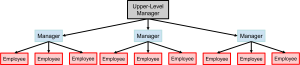 Organizational chart showing a hierarchical structure with one upper-level manager, three mid-level managers, and twelve employees, illustrating formal reporting relationships.