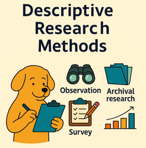 Cartoon dog holding a clipboard titled 'Descriptive Research Methods' with icons representing observation, archival research, and survey methods.