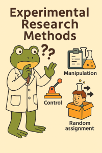 Cartoon-style illustration for 'Experimental Research Methods' in an I/O psychology textbook. A frog in a lab coat stands on the left as the experimenter, surrounded by lab equipment, data charts, and other researchers, all depicted in a playful, cartoon theme.