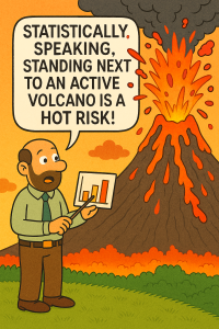 Cartoon-style illustration showing a person standing near an erupting volcano with the caption: 'Statistically speaking, standing next to an active volcano is a hot risk.' The scene uses humor to highlight the dangers of ignoring statistical warnings.