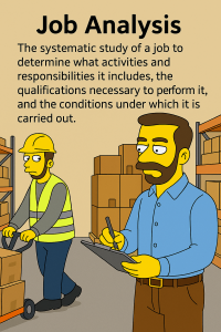 Cartoon illustration in the style of The Simpsons showing a workplace anthropologist observing employees. The scene represents job analysis in industrial psychology, with the character studying tasks, behaviors, and traits in a humorous, animated office setting.