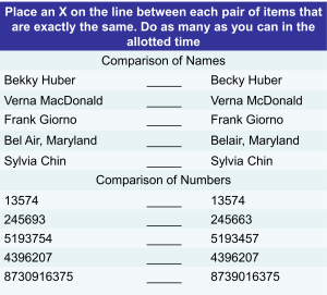 A test page with instructions to place an X between pairs of items that are exactly the same. It includes two sections: Comparison of Names and Comparison of Numbers. Each section lists five pairs, some identical and some with slight differences.
