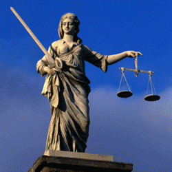An animated image showing various versions of a Statue of Justice.