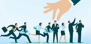 A large hand reaches down toward a group of business-dressed individuals, some running and others gesturing, symbolizing a selection or recruitment process.