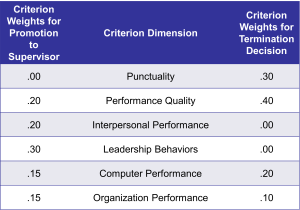 Table showing criterion weights used for promotion to supervisor and termination decisions. Dimensions include Punctuality, Performance Quality, Interpersonal Performance, Leadership Behaviors, Computer Performance, and Organization Performance, each with corresponding weights for both decisions.