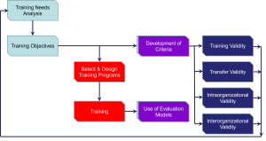 Flowchart of the Goldstein and Ford training model. It begins with training needs analysis, followed by training objectives. From there, it splits into development of criteria and selection and design of training programs. The training program path leads to training and then to use of evaluation models. Both paths converge into four types of validity: training validity, transfer validity, intraorganizational validity, and interorganizational validity.